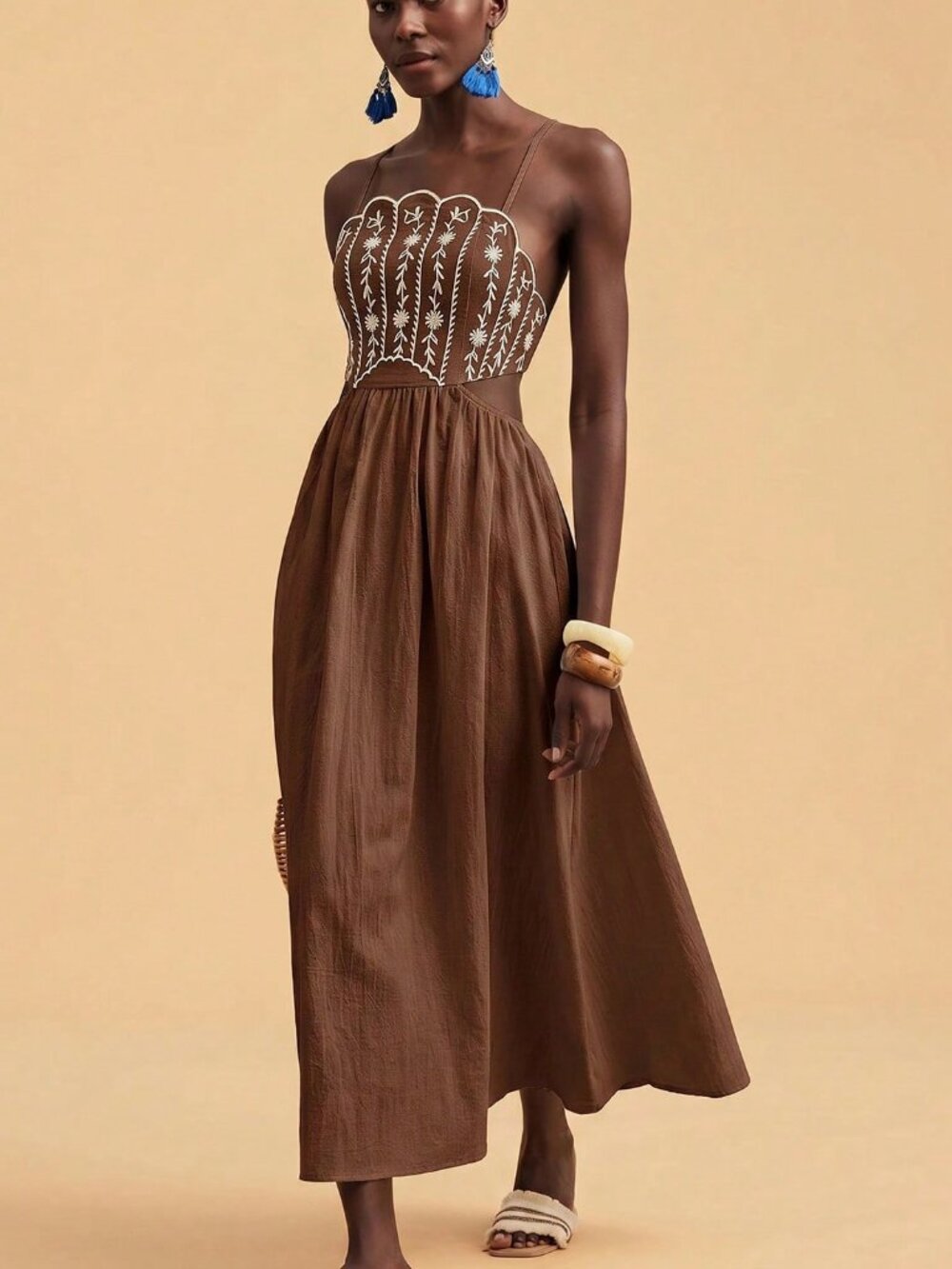 Brown Boho Women's Backless Camisole Dress with Embroidery - Picture 5 of 7